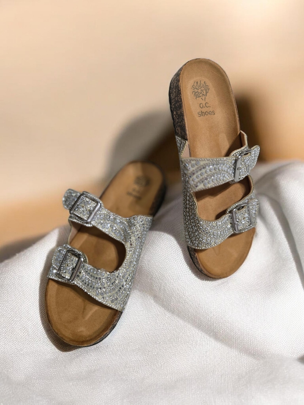 Silver Rhinestone Double-Buckle Slide Sandals By GC Shoes Size 8 NWOB.